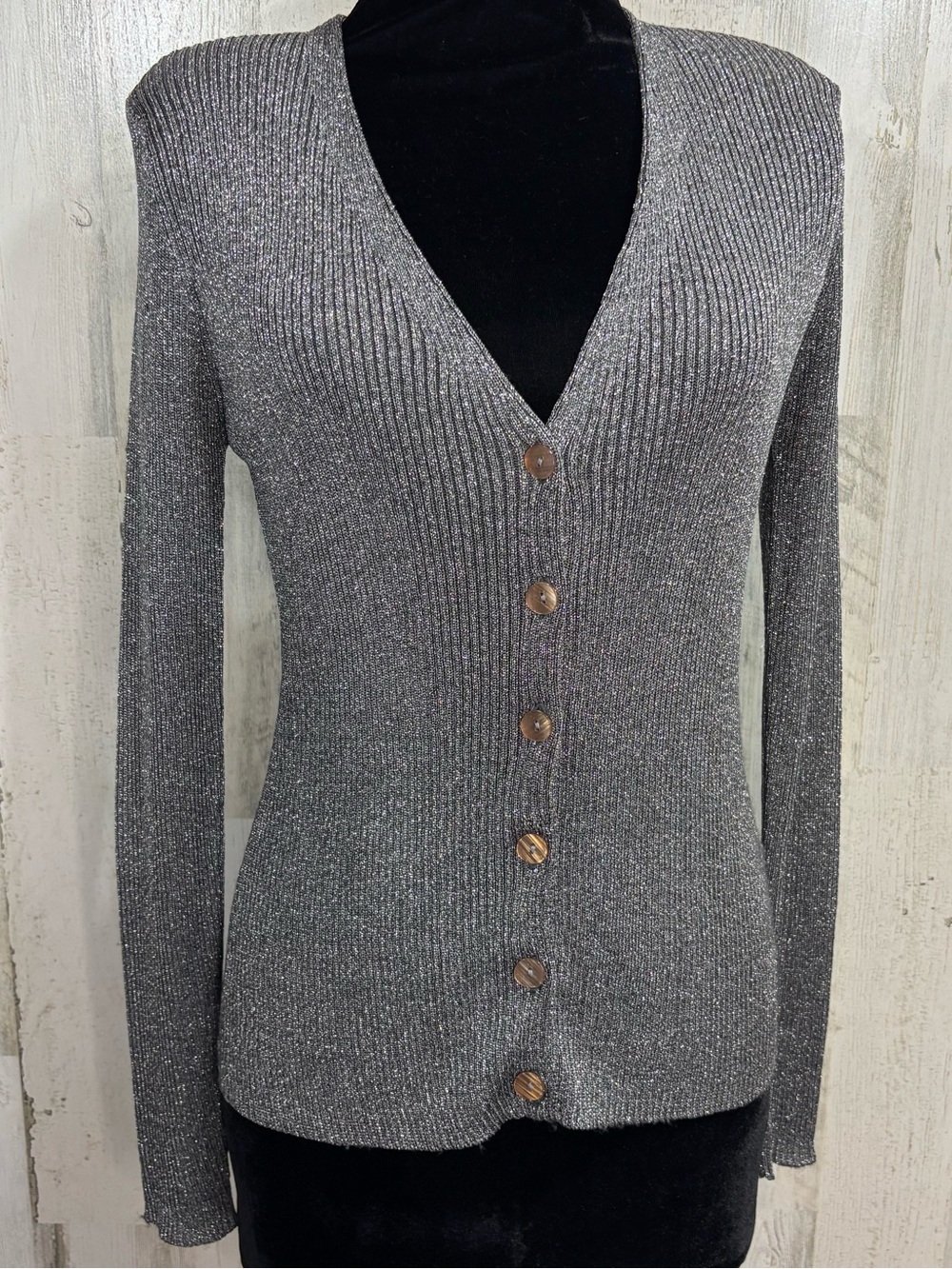 Gantos Vintage Gray Metallic Silver Ribbed V-Neck Button-Front Sweater